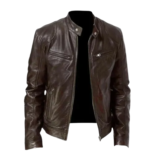 Custom leather jacket with front zipper and side pockets